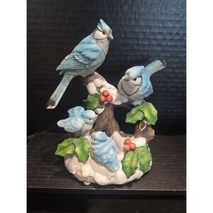 Wintertime Woodland Blue Jays Figurine 7"‎ Family Snowy Branch Holly Berries